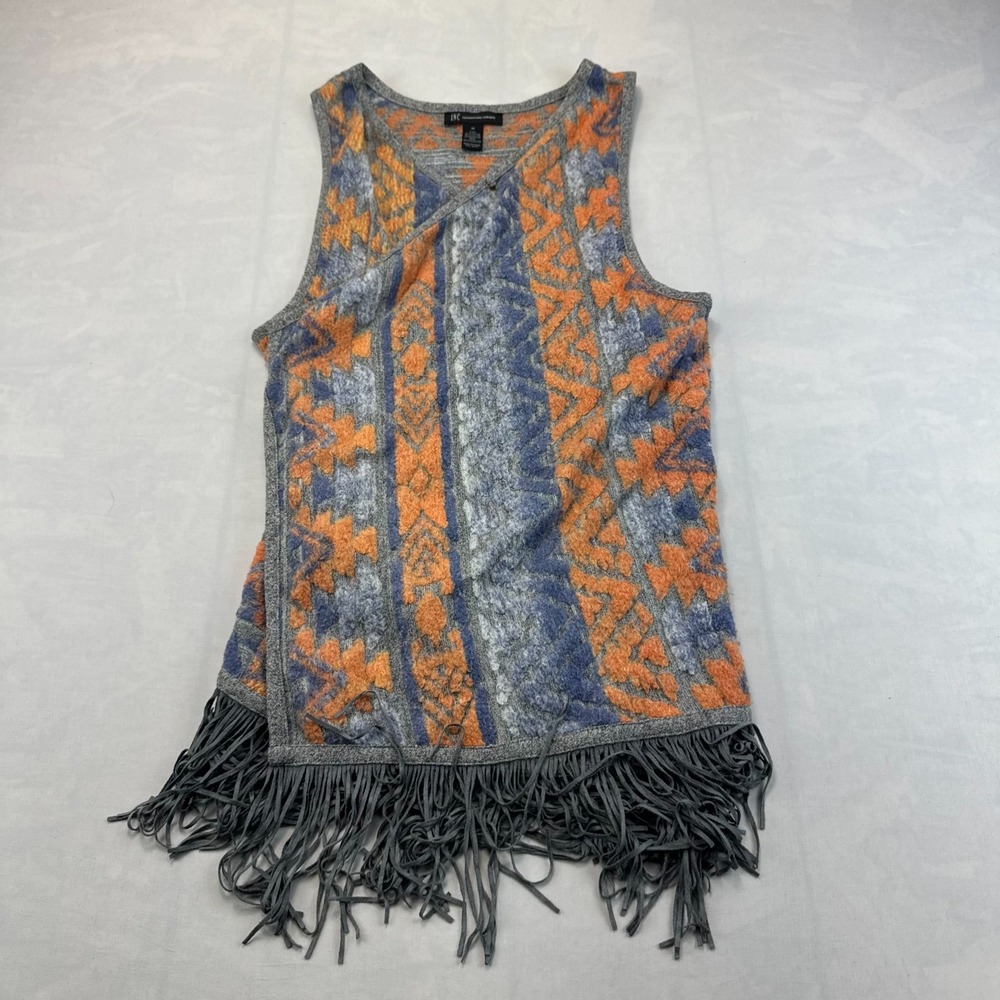INC International Concepts Winter Vest Women M Orange Blue Aztec Boho Fringe Hem